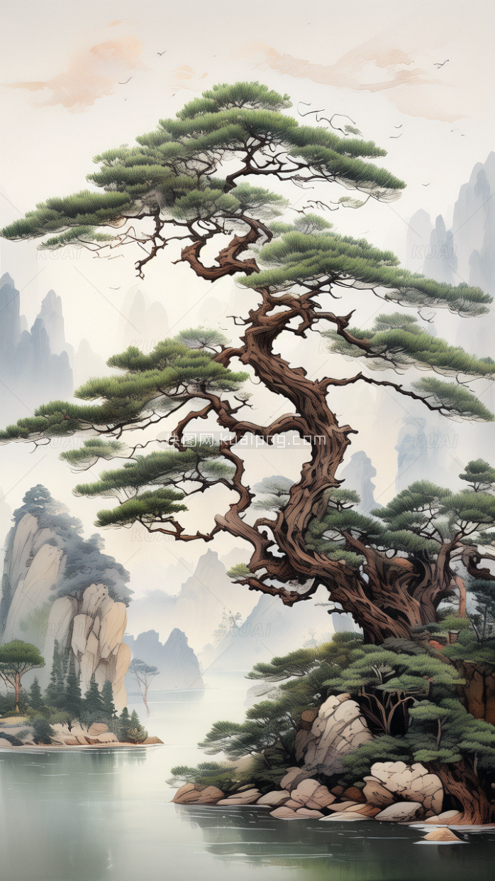 快图网AI创作中国风迎客松风景壁画