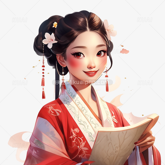手绘中国古代看书美女人物
