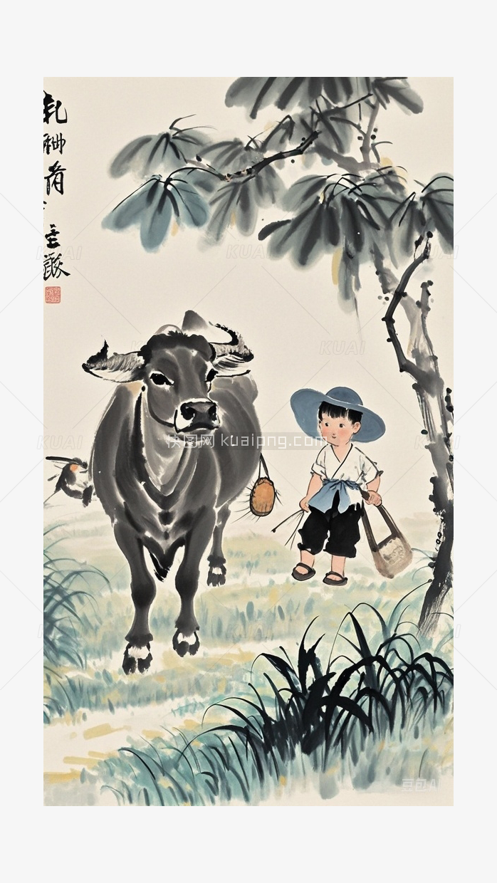 小时候放牛中国风水墨画