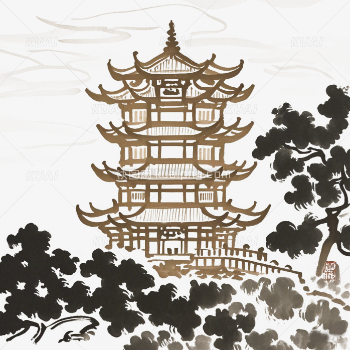 手绘水墨黄鹤楼风景画
