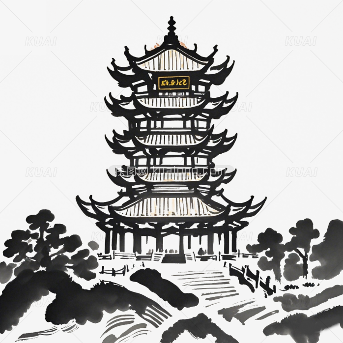 手绘水墨武汉黄鹤楼绘画