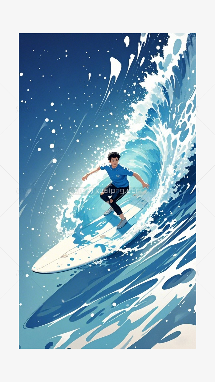 卡通冲浪的男孩