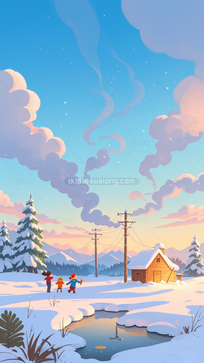 手绘冬天村庄雪景风景插画手机壁纸