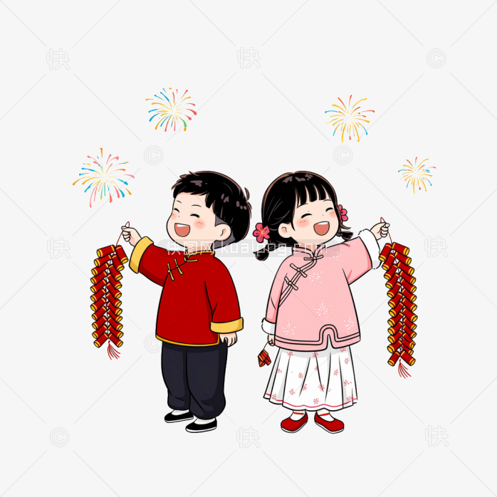 快图网原创春节可爱男孩女孩放鞭炮