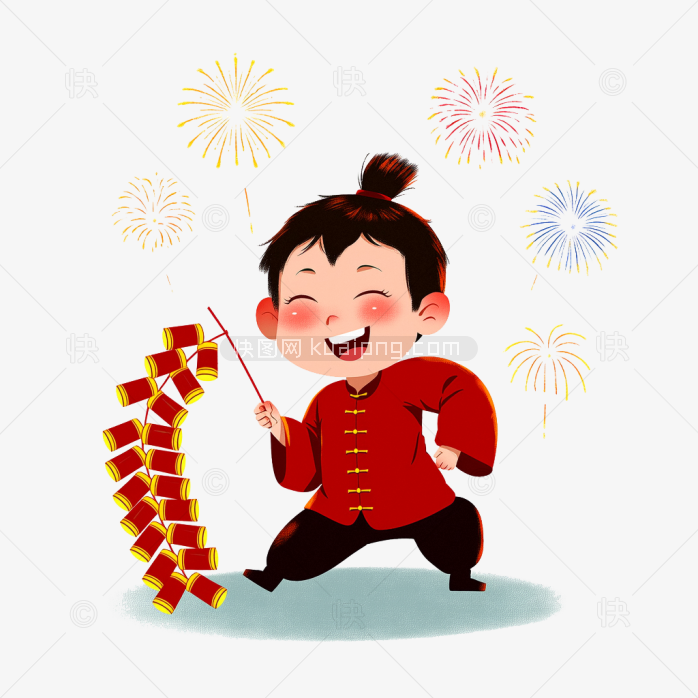 手绘卡通小孩放鞭炮