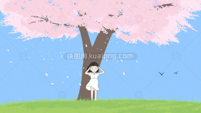 原创可爱卡通女孩在大树下