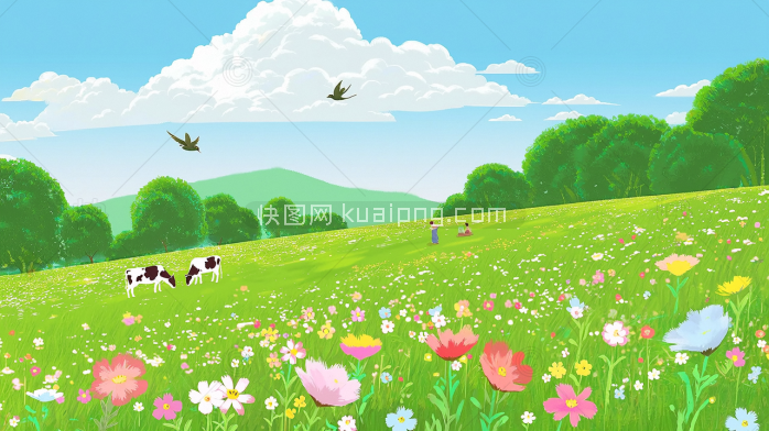 原创绿色春天草地风景插画