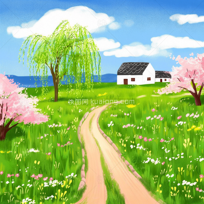 原创手绘村庄风景画