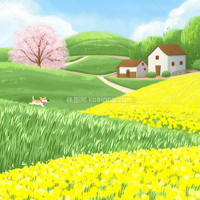 原创手绘村庄风景插画