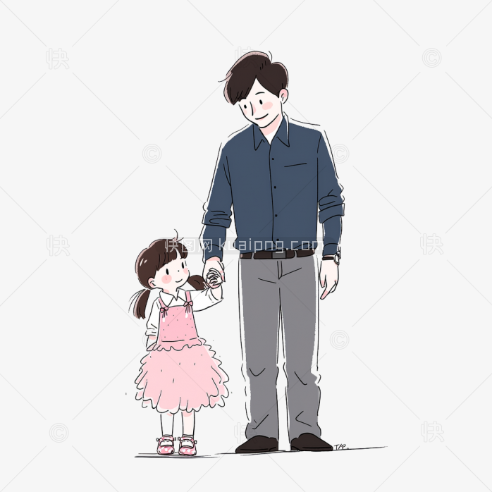 原创手绘父亲牵着女儿