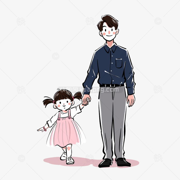 原创手绘父亲牵着女儿